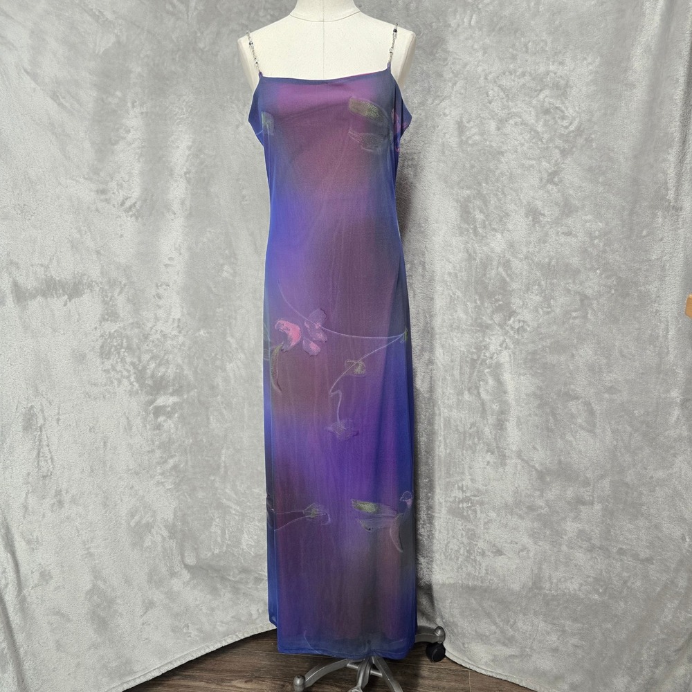 Y2K Mine Dress Womens L Purple Blue Sheer Mesh Overlay Floral Maxi Whimsigoth